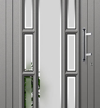 <b>4118 eingesetzt</b>, RAL 9007 graualuminium, Glas Float gestrahlt mit klarem Rand, Griff 1781 Edelstahl